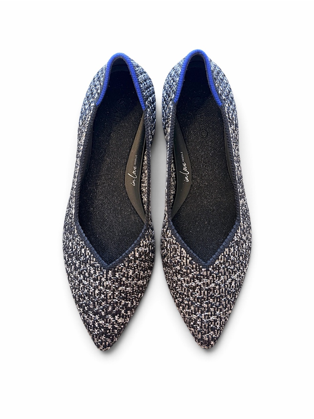 Rothy's tweed weave pattern with delicate gold thread, arch support insert, 7.5